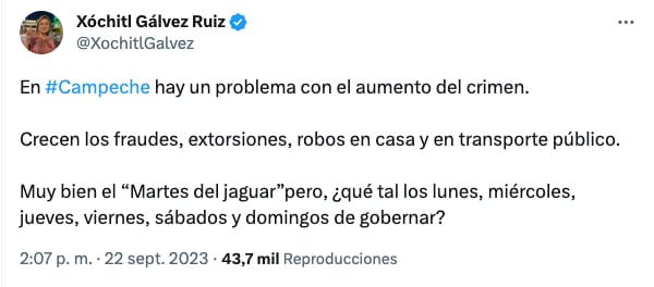 Xóchitl Gálvez critica a Layda Sansores