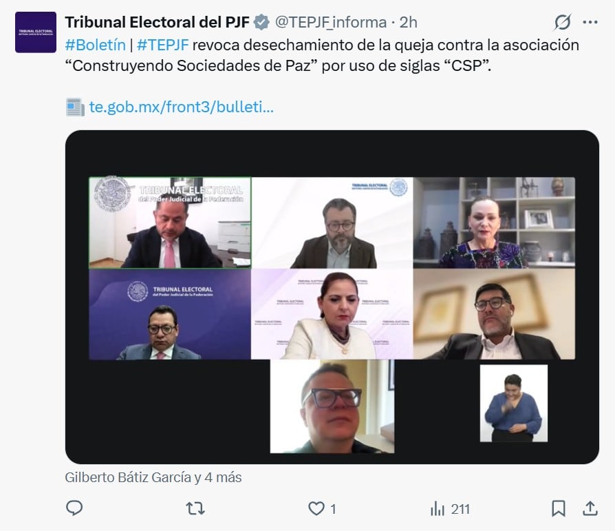 TEPJF revoca desechamiento de recurso contra Construyendo Sociedades de Paz