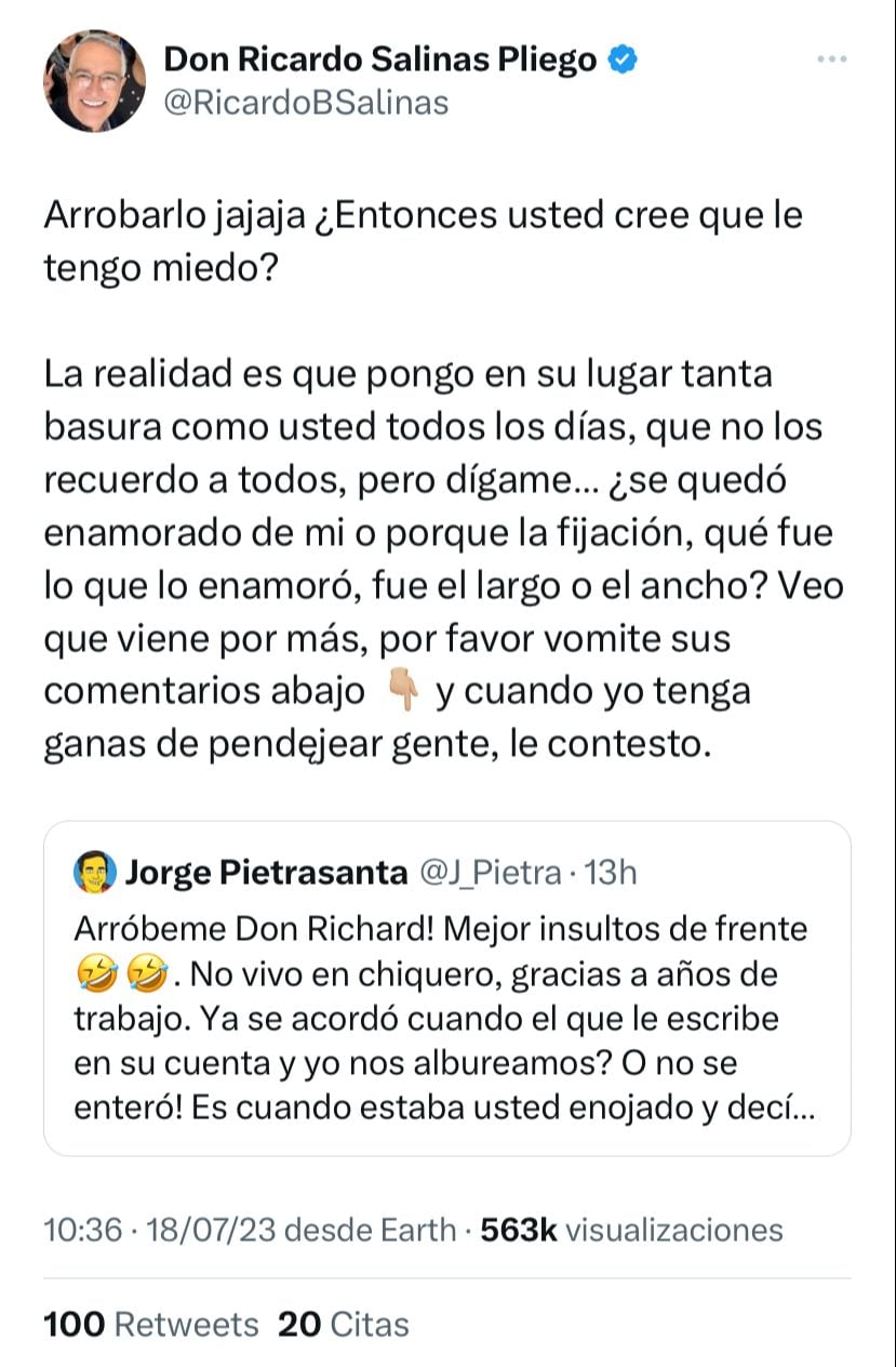 Ricardo Salinas Pliego le contestó a Jorge Pietrasanta en redes sociales.