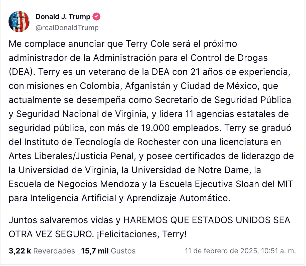 Terrence C. "Terry" Cole, nuevo director de la DEA