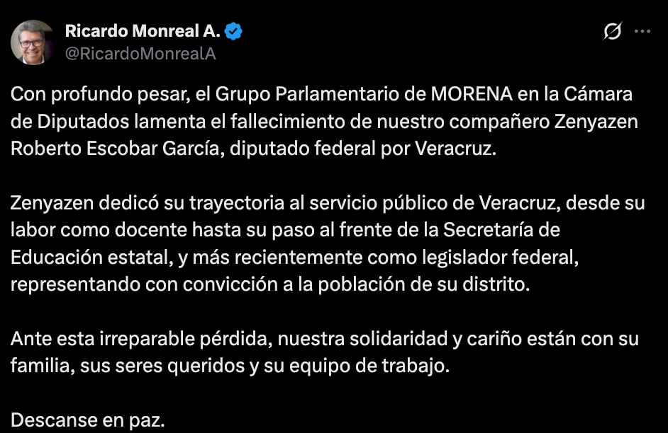 A nombre de la bancada de Morena, Ricardo Monreal lamenta la muerte de Zenyazen Escobar