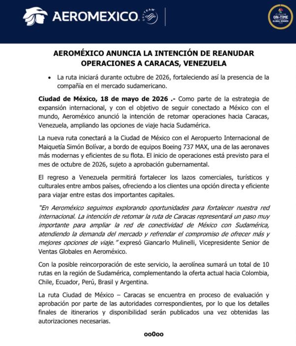 Aeroméxico reanudará vuelos de CDMX a Caracas