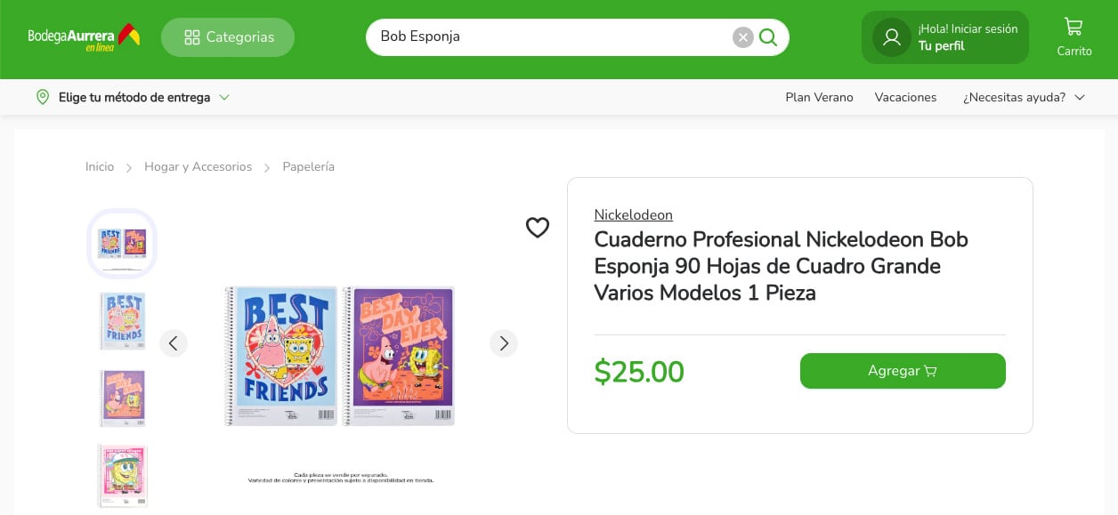 Cuadernos de Bob Esponja en Bodega Aurrerá