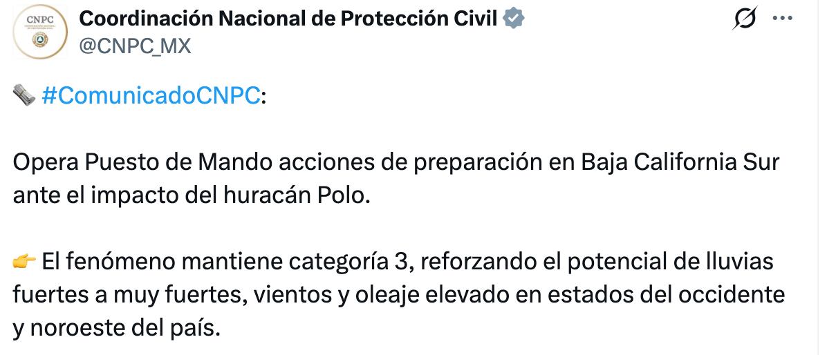 CNPC coloca puesto de mando en Baja California Sur por Huracán Polo