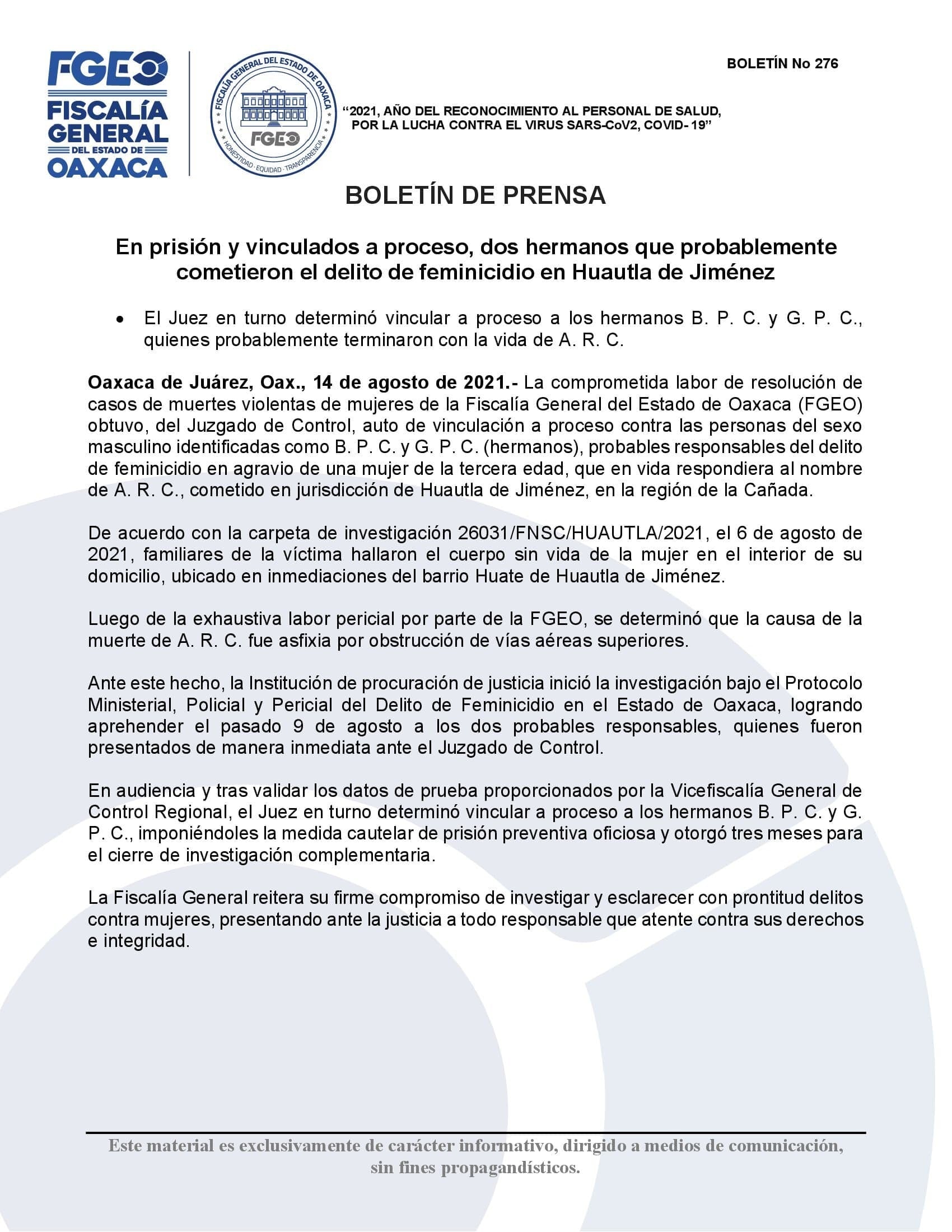 Comunicado de la Fiscalía de Oaxaca