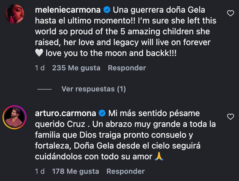Melenie Carmona y Arturo Carmona envían sus condolencias a Cruz Martínez