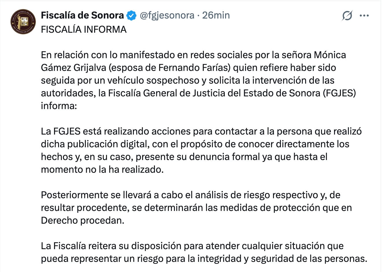 Mónica Gámez solicita protección a Alfonso Durazo tras ser seguida hasta su domicilio