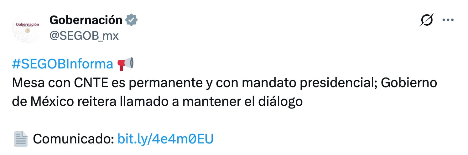 Gobernación reitera a maestros de la CNTE que pueden regresar a las mesas de trabajo cuando quieran