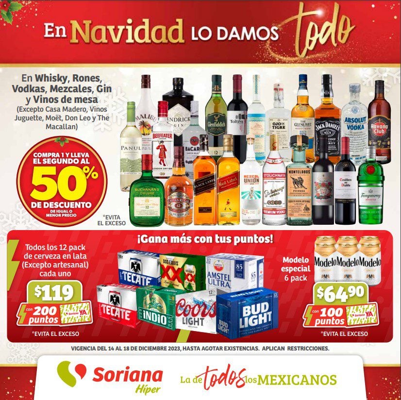 Folleto Soriana segundo a mitad de precio 14 a 18 de diciembre 2023