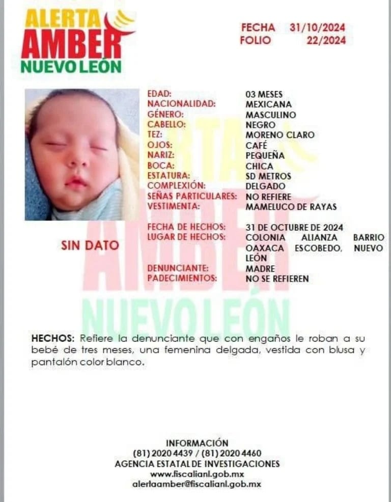 Alerta AMBER por bebé robado de 3 meses en Escobedo