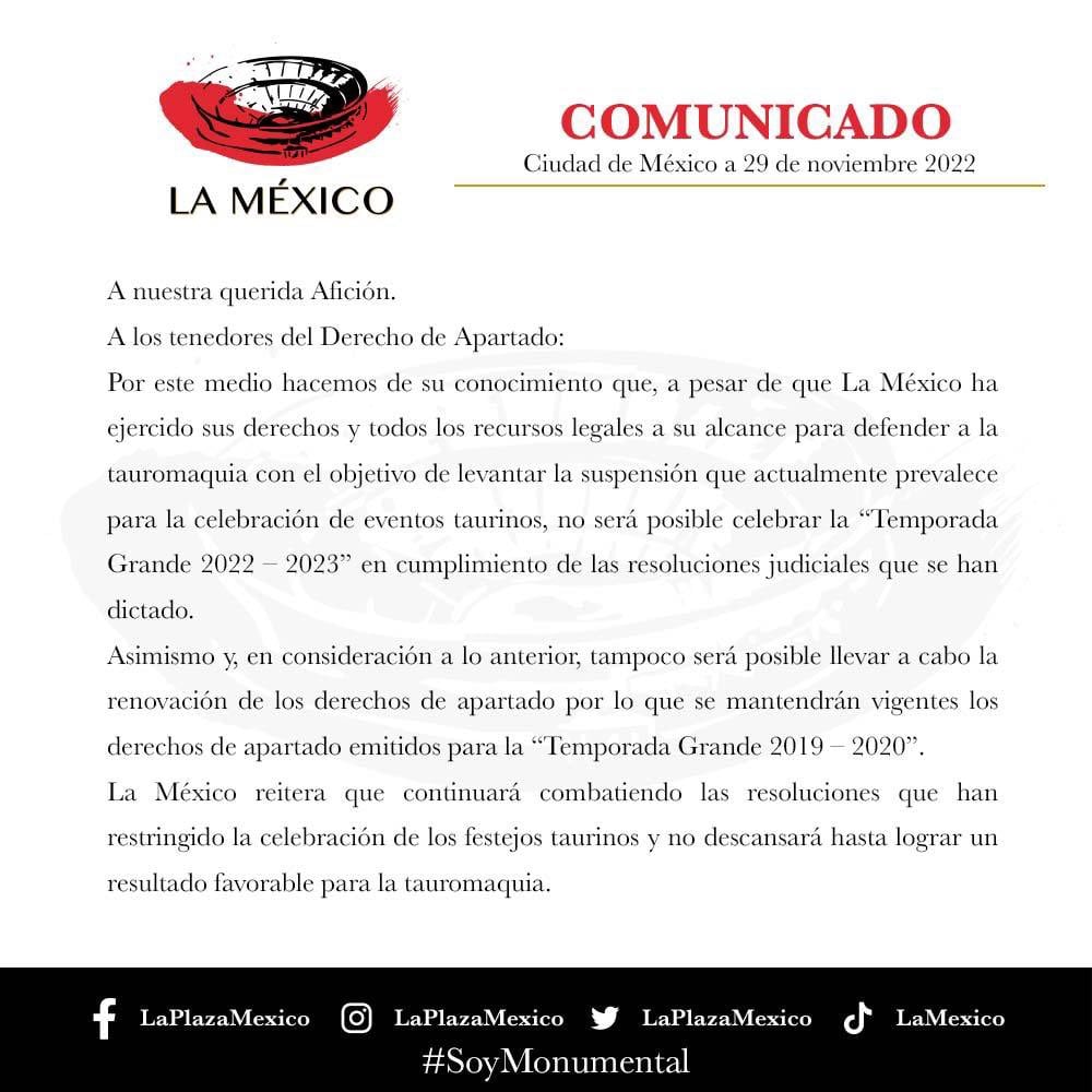 La Plaza México no celebrará la Temporada Grande 2022-2023 por suspensión de juez ante corrida de toros