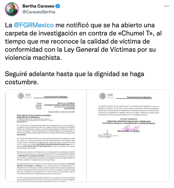FGR notificó a Bertha Caravero sobre investigación contra Chumel Torres