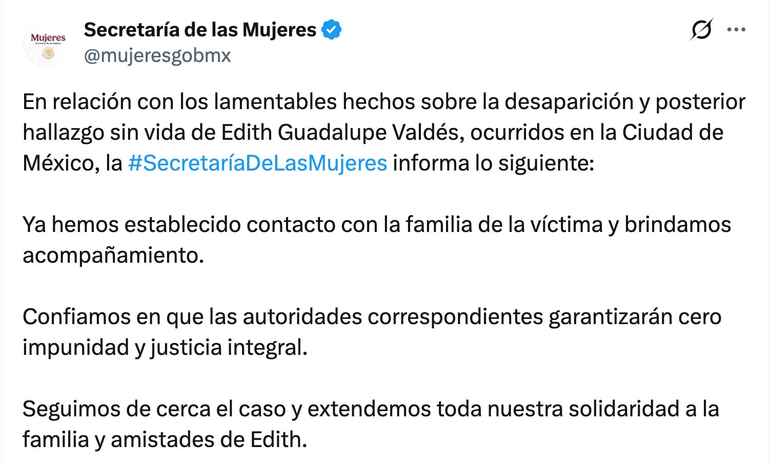 Secretaría de las Mujeres se pronuncia por feminicidio de Edith Guadalupe