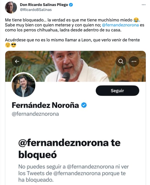 Ricardo Salinas Pliego muestra que Noroña lo tiene bloqueado