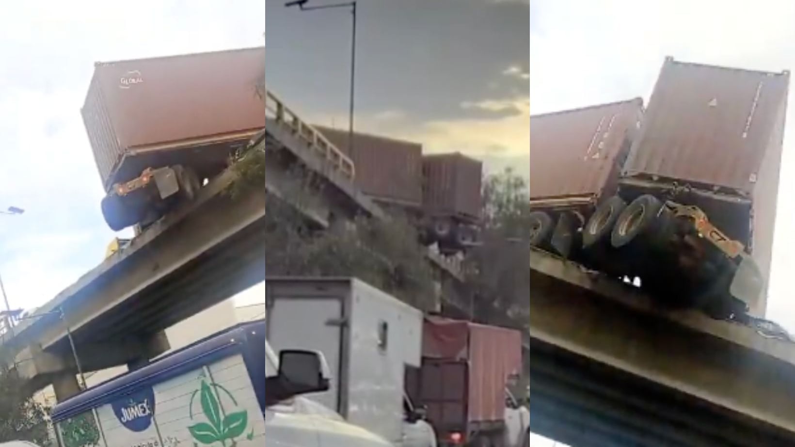 El video del tráiler que casi cae de un puente en Naucalpan, Estado de México