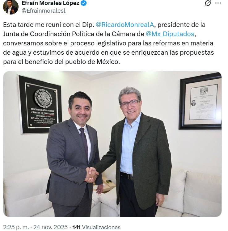Efraín Morales López se reúne con Ricardo Monreal para hablar de las reformas en materia del agua