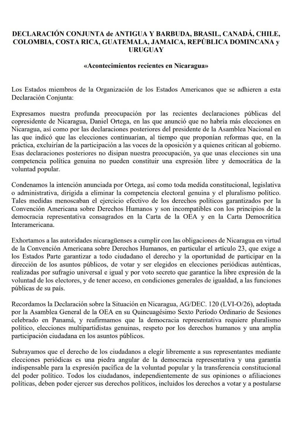La OEA suma presión contra Nicaragua por sus cambios al sistema electoral