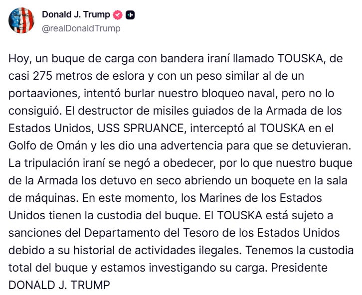 Donald Trump confirma que Estados Unidos interceptó un buque de Irán en el estrecho de Ormuz