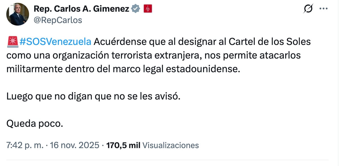 Congresista de Estados Unidos amenaza con acciones militares al Cártel de los Soles