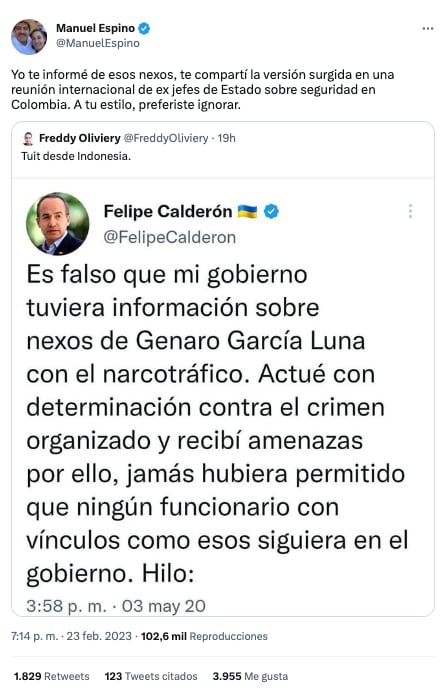 Manuel Espino asegura que Calderón ignoró los reportes sobre el nexo entre Genaro García Luna y narcos