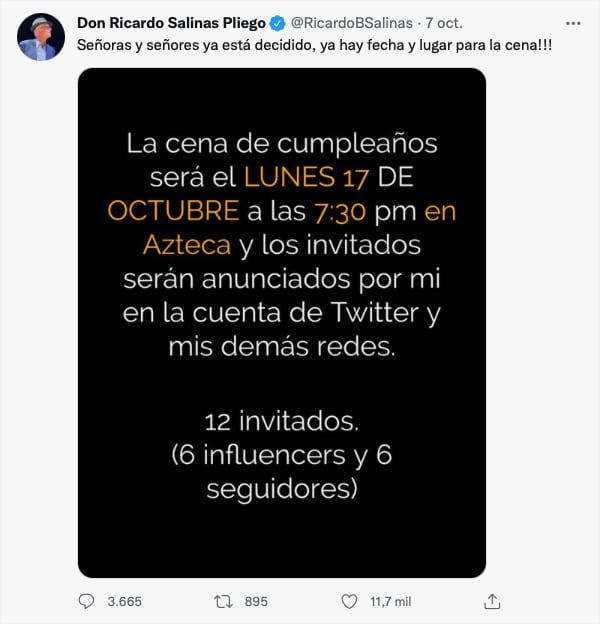 Ricardo Salinas Pliego anuncia cena por su cumpleaños
