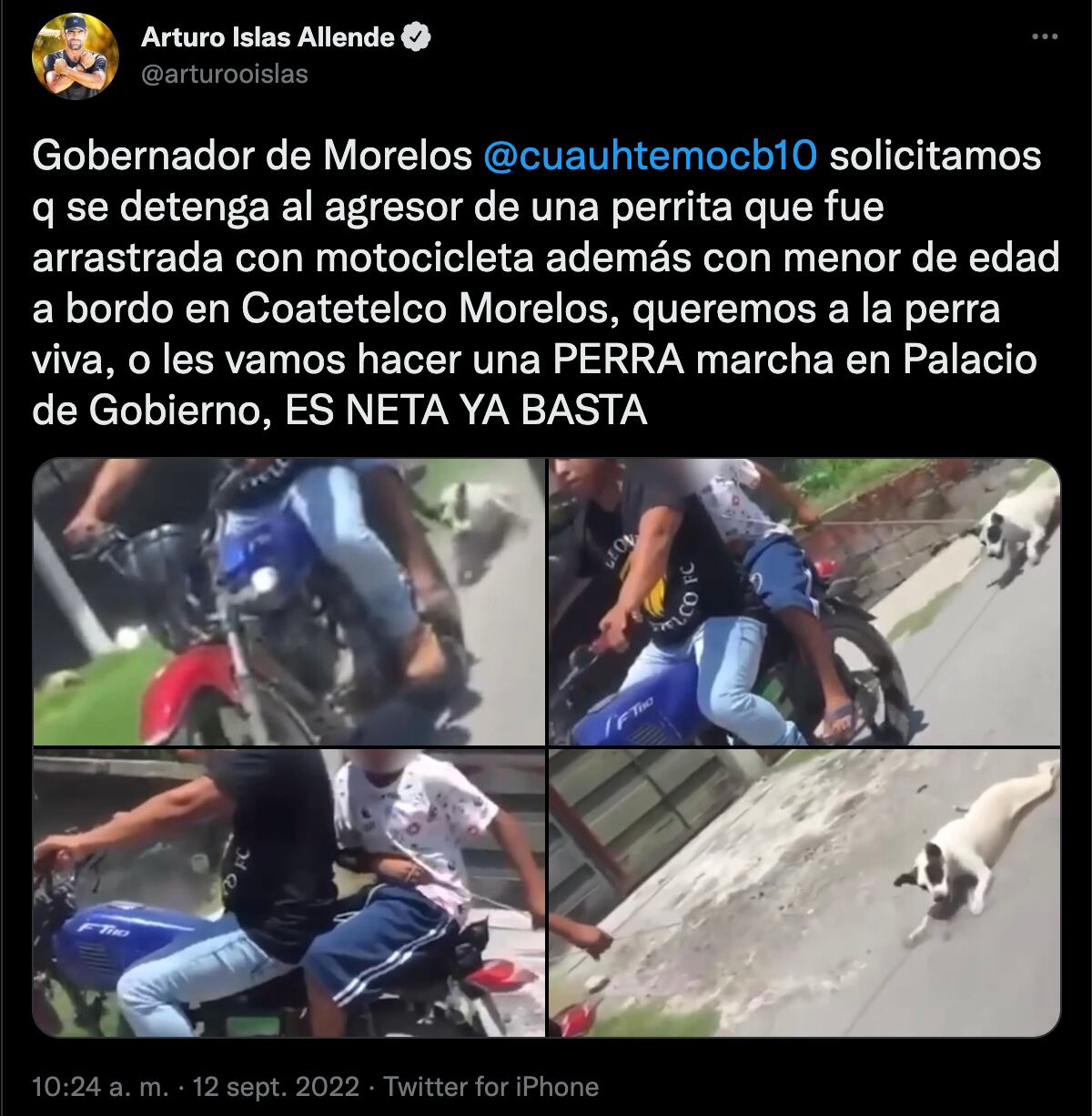 Arrastran a perrita amarrada a una motocicleta en Morelos; Arturo Islas amenaza con marcha si Cuauhtémoc Blanco no hace nada