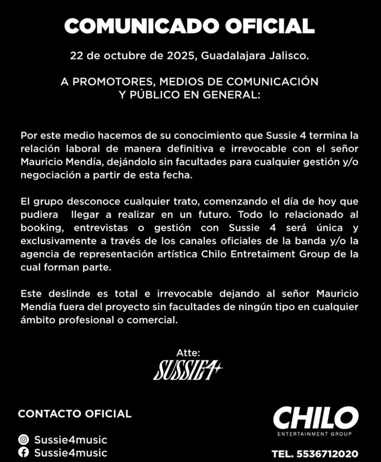 Sussie 4 rompe su relación laboral con Mauricio Mendía