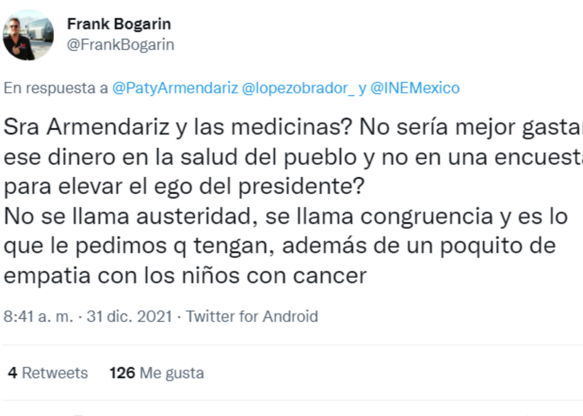 Tuit de crítica a Patricia Armendáriz/@FrankBogarin