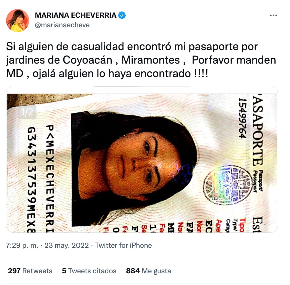 Mariana Echeverría pierde su pasaporte