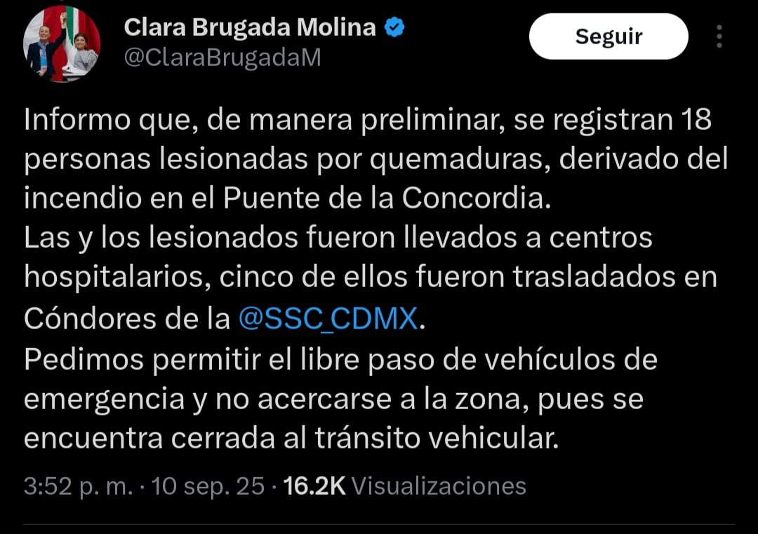 Clara Brugada sobre heridos en explosión en Puente de La Concordia