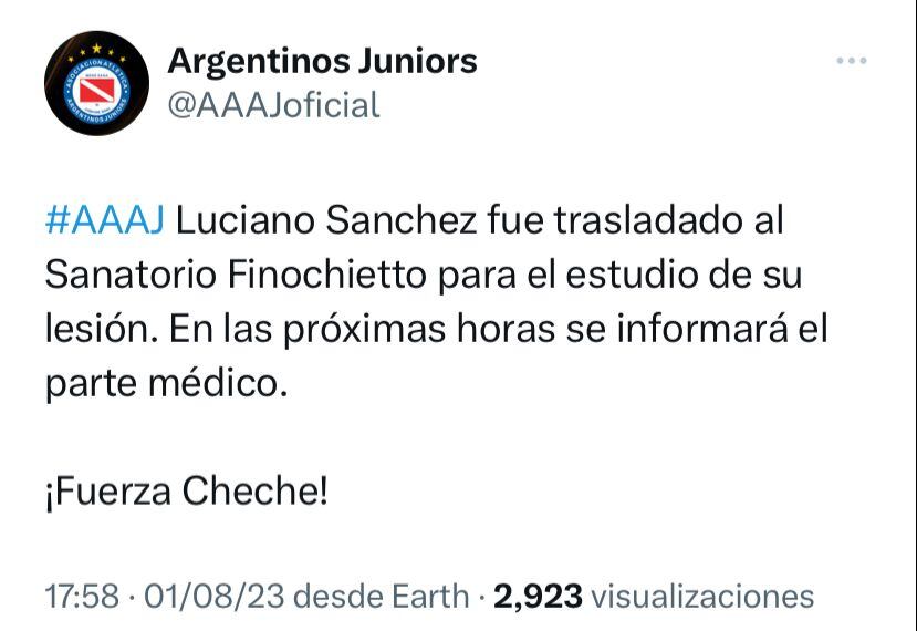 Argentinos Juniors comunicó información sobre el estado de salud de Luciano Sánchez.