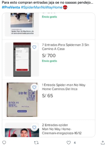 Reventa boletos Spider-Man