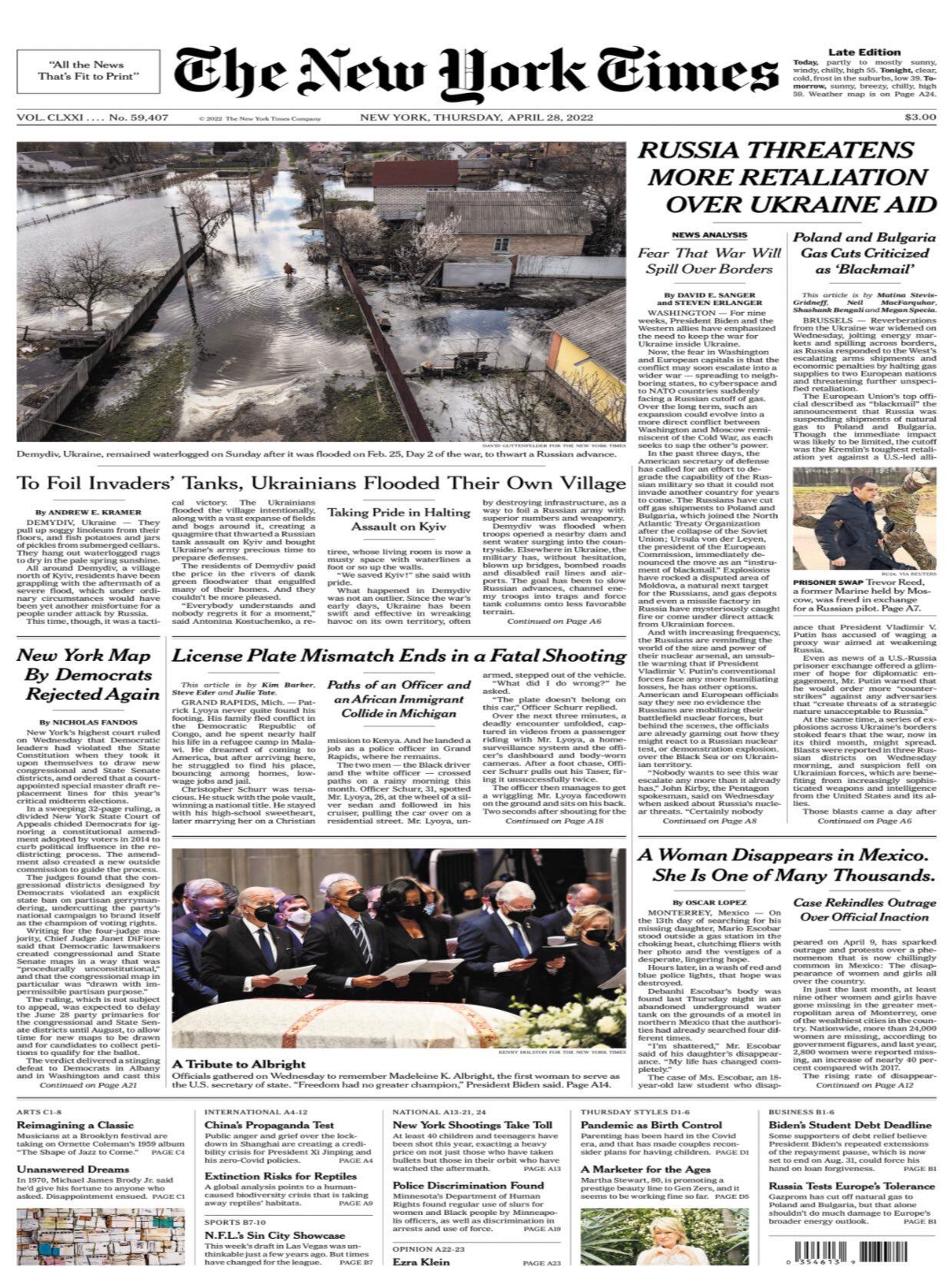 Portada The New York Times 28 de abril 2022