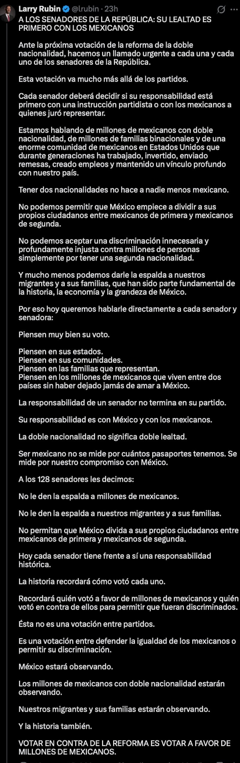 Larry Rubin pide al Senado rechazar la reforma de nacionalidad única