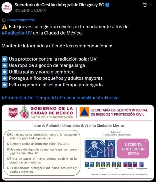 Radiación UV extrema en CDMX: activan alerta por alto índice UV