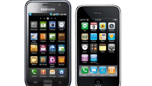 Un teléfono Galaxy de Samsung y un iPhone.