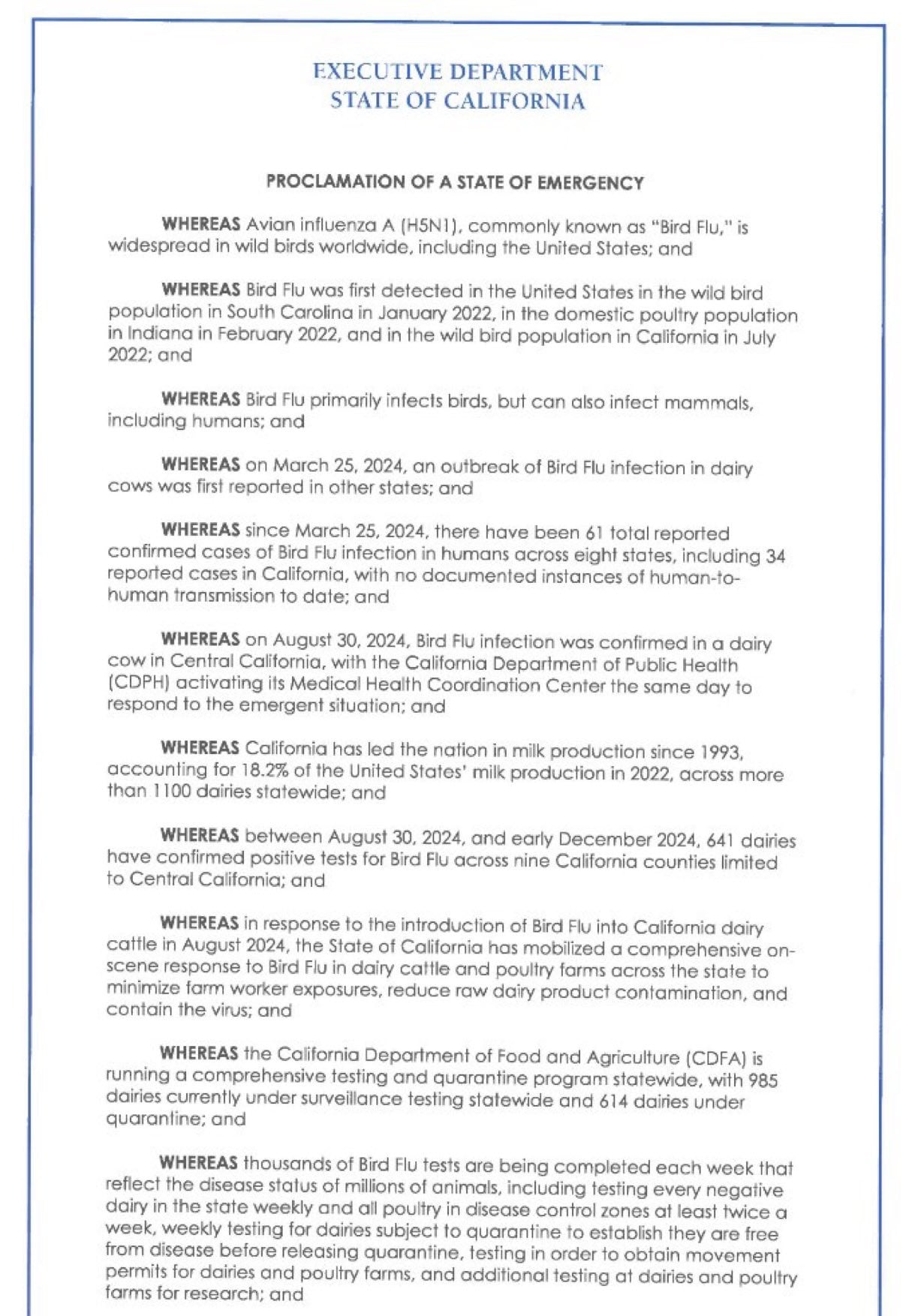 Estado de emergencia en California por Gripe Aviar H5N1.