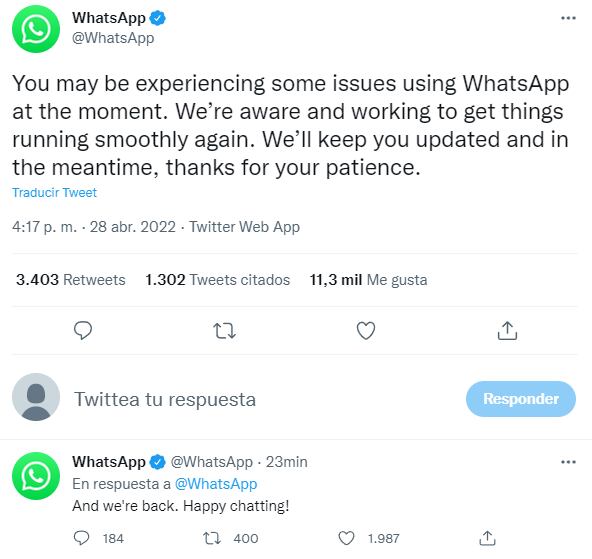 Mensaje de WhatsApp para alertar a usuarios por las fallas en su servicio