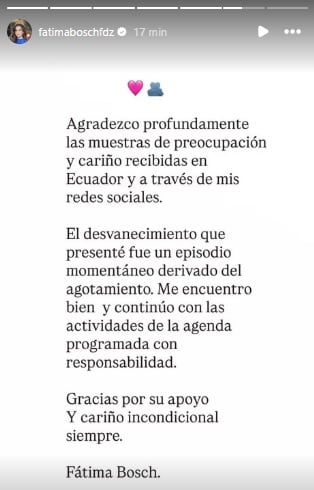 Fátima Bosch aclara por qué se desvaneció en Ecuador.
