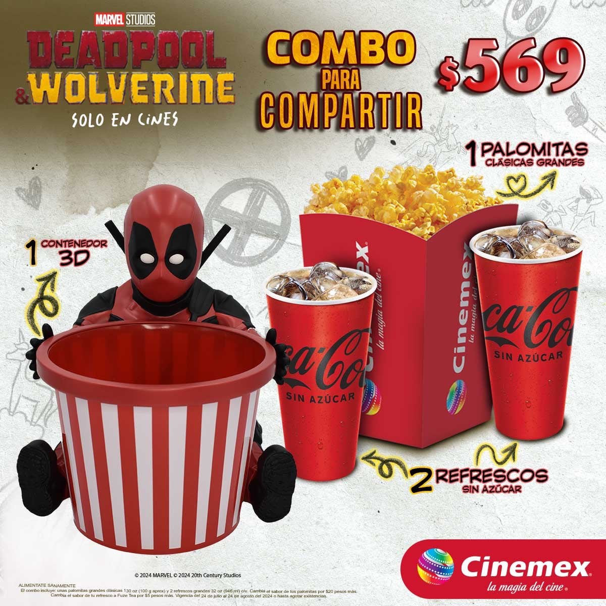 Precio de combos de Cinemex con palomera y vasos coleccionables de Deadpool y Wolverine