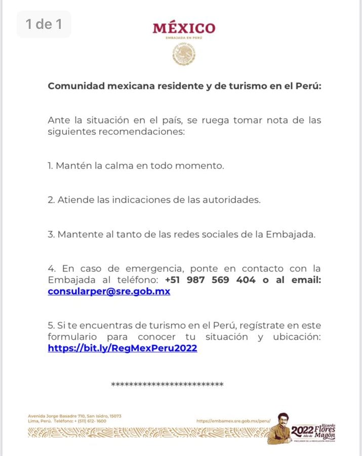 Embajada de México en Perú extiende recomendaciones a turistas y residentes mexicanos