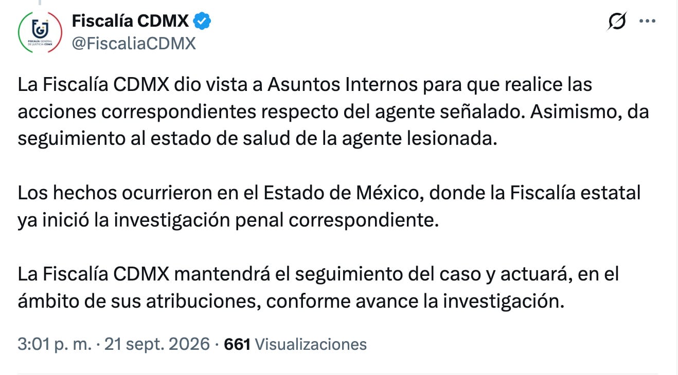 Fiscalía CDMX investiga a agente señalado por tentativa de feminicidio de su esposa