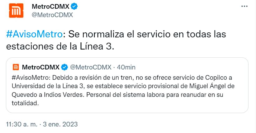 ¿Qué pasó hoy en la Línea 3 del Metro CDMX? Suspenden servicio de Copilco a Universidad