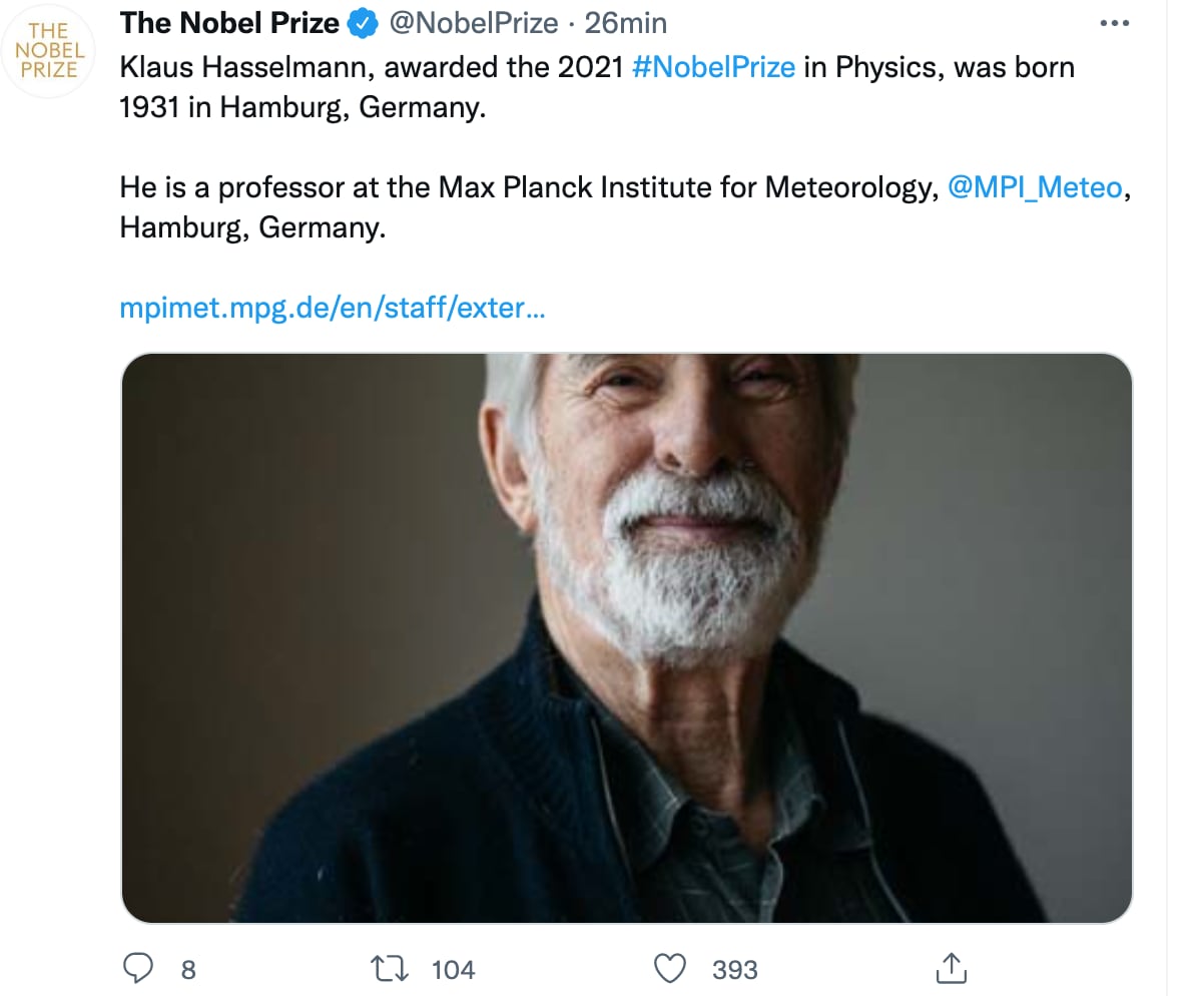 Klaus Hasselmann, ganador del Premio Nobel de Física 2021