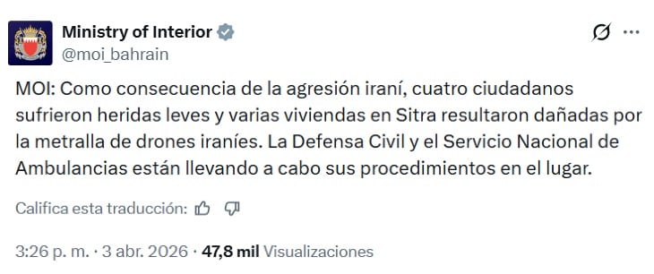 Baréin denuncia ataques de Irán a Sitra