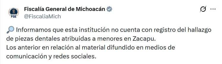 Fiscalía de Michoacán responde al reporte de dientes de leche hallados en Zacapu