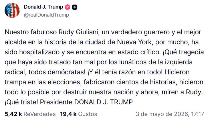 Donald Trump envía mensaje a Rudy Giuliani tras ser hospitalizado