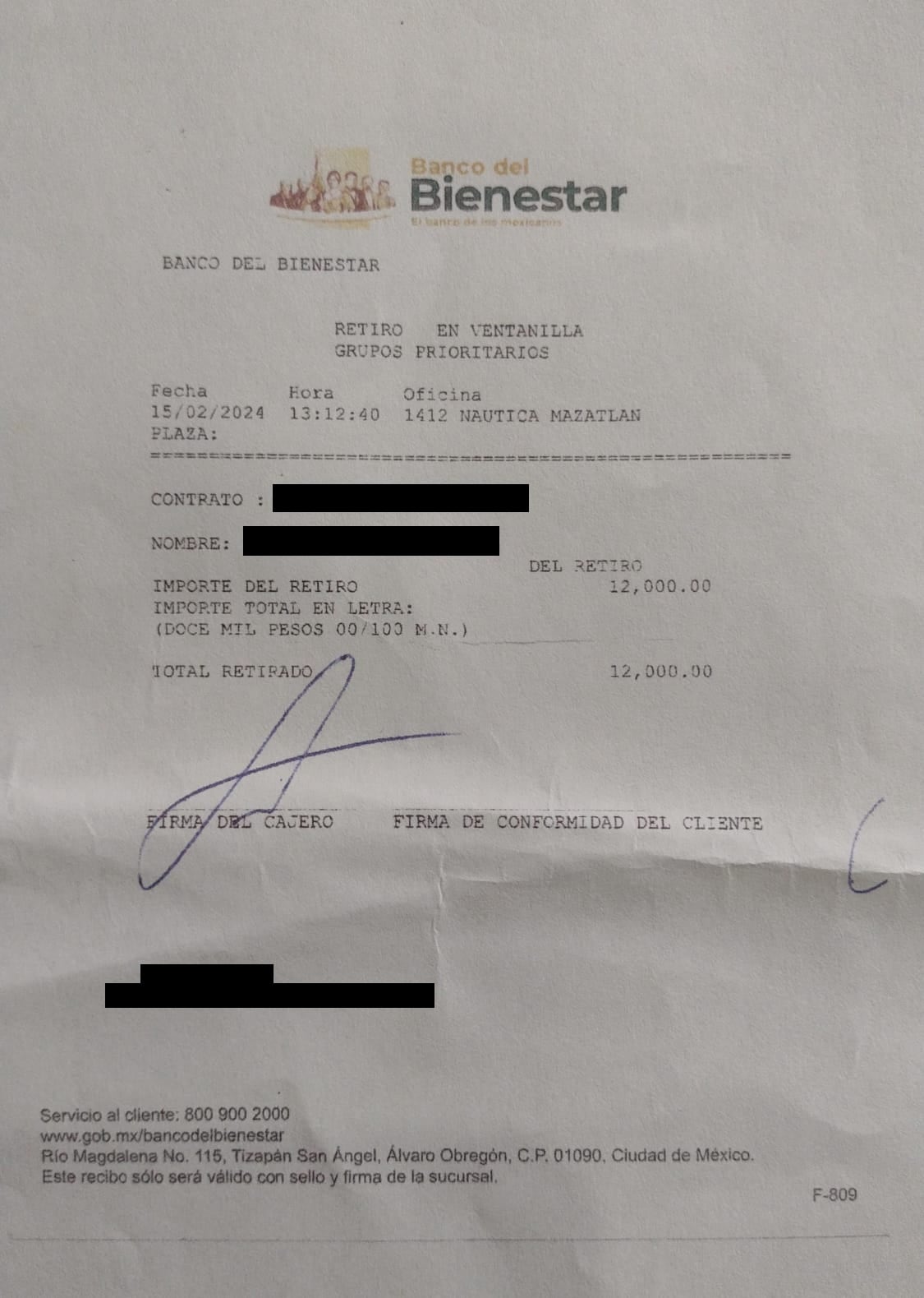Comprobante de retiro en ventanilla del Banco de Bienestar Náutica, en Mazatlán, Sinaloa