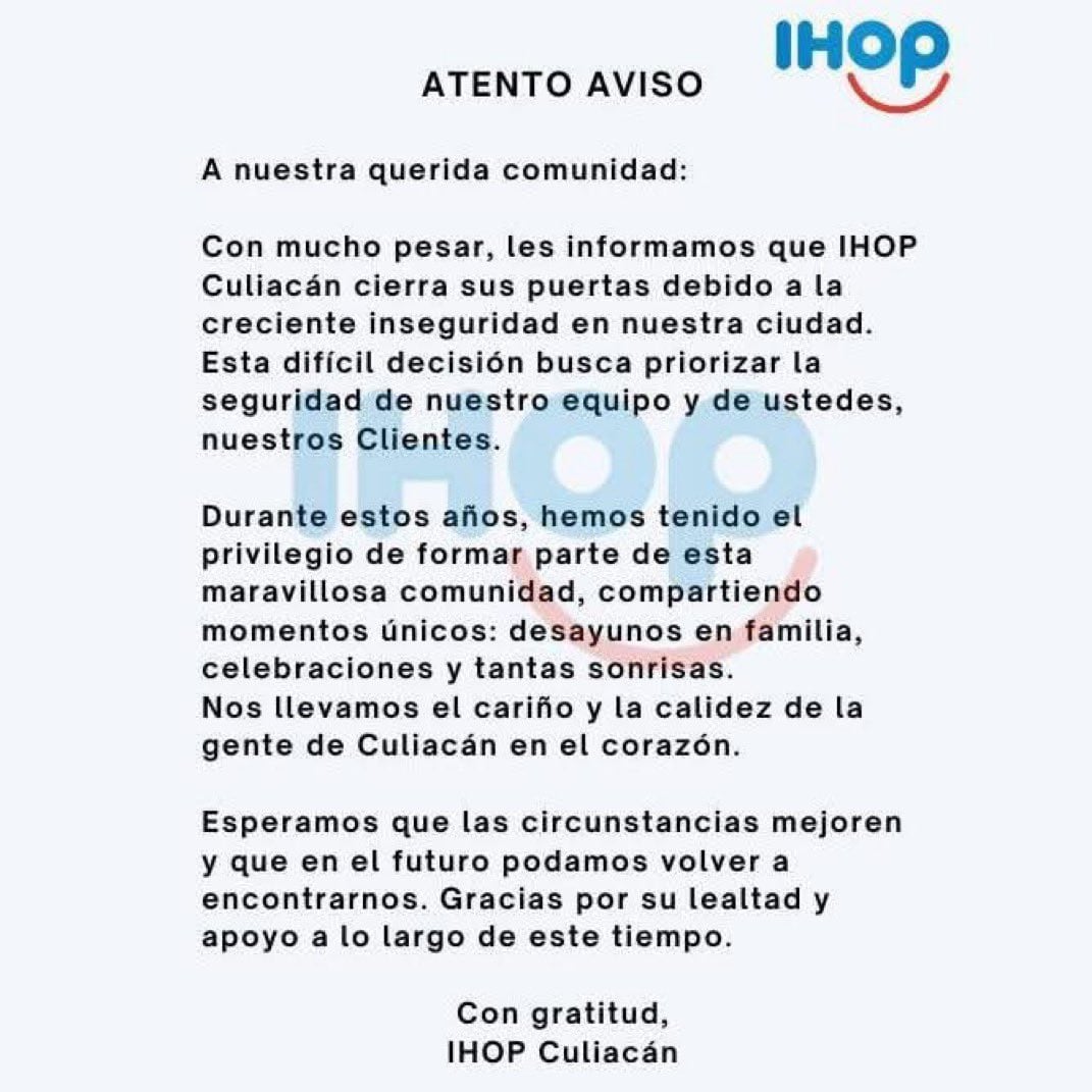 Comunicado iHop Culiacán.