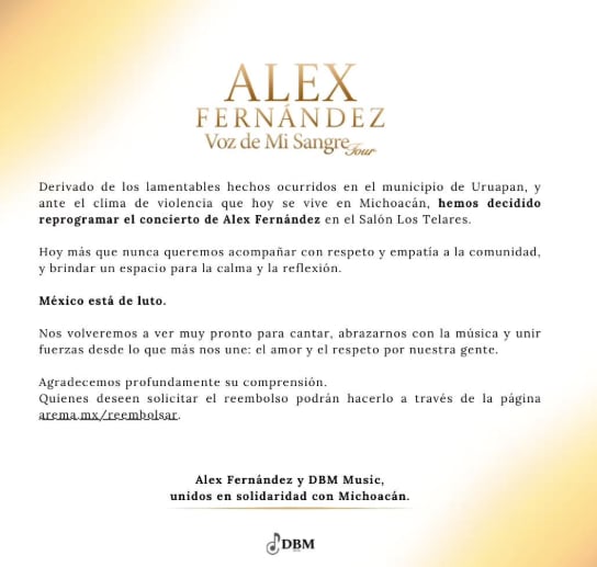 Alex Fernández cancela concierto en Uruapan tras asesinato de Carlos Manzo